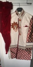 Full Men's Sherwani Indian Wedding Outfit + Trousers Attire Red and Off-White