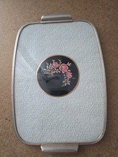 Vintage Petit Point Lace & Floral Vanity Tray, Brass Filigree, Mid-Century