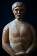 Vintage Hand-Carved Wooden Figure Sculpture, Signed “JWC” & Dated 2/12/58 — 37cm