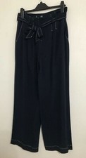 NEW ex Matalan Navy White Contrast Stitched Linen Belted Cropped Trousers 10-18