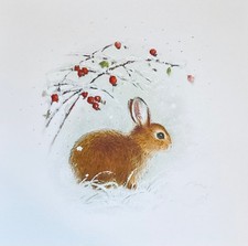 CHRISTMAS CARD ‘Snowy Rabbit & berries’ ~ SINGLE CARD ~ EX WHSMITH