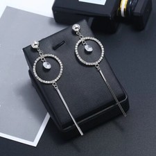 Rhodium Silver Long Drop Bar Circle Crystal Stud Earrings  TRLY