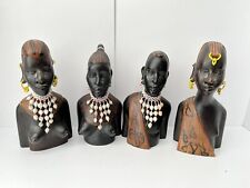 4x vintage african solid wood carved figures bust with jewellery Approx 9” Tall