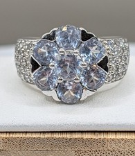 New QVC 925 Sterling Silver DQCZ Blue & Clear Stone  Cocktail Cluster Ring 