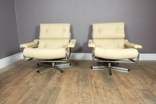 Vintage Retro Pair of Pieff Alpha Swivel Armchairs Cream Leather
