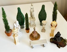 Dolls house miniature 1:12 garden statues, trees, bench, urns, fountain job lot