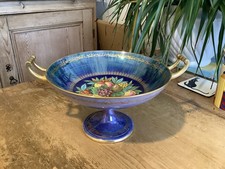 Art Deco Minton Blue & Gold Lustre Fruits Decorated Pedestal Bowl / Tazza