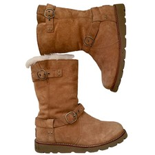 Ugg Noira Chestnut Suede Moto Mid Calf Buckle Boots Size 6 Deadstock
