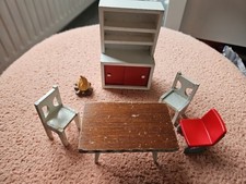 Joblot Of Vintage Barton Type Dollshouse Furniture Table, Chairs And Cabinet