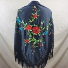 Vintage Spanish Flamenco Shawl Black w Red Roses Large Size Triangular VGVC