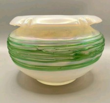 KRALIK BOHEMIAN IRIDESCENT GREEN TRAILED GLASS VASE/Bowl ~ 6.25" - Art Glass