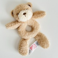 Primark Teddy Bear Ring Rattle Plush Sensory Baby Soft Toy Comforter Brown Cream