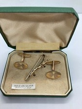  HLLMKD VINTAGE GOLD ON STERLING SILVER BOXED TIE CLIP & CUFFLINKS ENGVD VSCA107