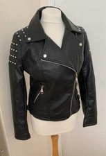 Ladies’QED’ Black Faux Leather Silver Studded Biker Jacket Size 10