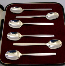 SIX GERALD BENNEY MID CENTURY MODERN STERLING SILVER SPOONS CHELSEA 1966 CASED