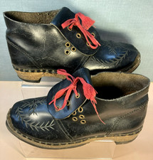 Vintage Unisex Wooden Clogs Boots Thick Black Leather Lace Up UK6