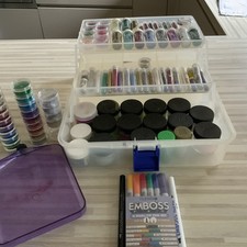 LARGE JOB LOT OF GLITTERS ,DECORATIVE SPRINKLES ,EMBOSSING PENS + STORAGE BOX