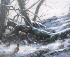 John Trickett - Original Oil Painting - Pheasants in a Wintery Woodland.