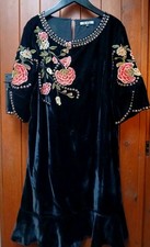 Biba Black Velvet Dress With Stunning Vintage Floral  Embroidery Size 16