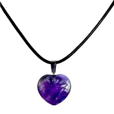 Heart Shape Amethyst Semi Precious Gemstone Pendant Black Cord Necklace