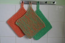 Set of 3 Hand Knitted Pot Holders Green Orange Green Chunky Cotton Acrylic Set 2