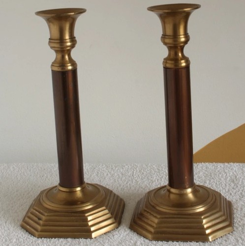 Pair brass pillar candlesticks - pillar,