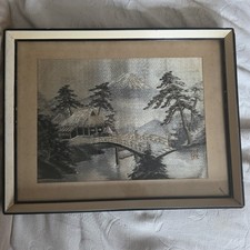 Antique JAPANESE SILK VILLAGE Fine EMBROIDERY TAPESTRY Framed Mounted Oriental 