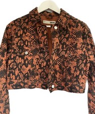 Topshop Petite Moto Cropped Denim Jacket Snake Print Orange/Rust Black UK 8