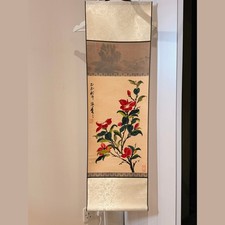Hand-Painted Chinese Camellia Scroll | Bird & Blossoms | Silk Mounted | 32×100cm