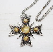 Vintage Scottish Celtic Art Glass Stone Maltese Cross Pendant NECKLACE Jewellery