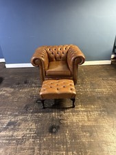 Superb Quality Tan Leather Chesterfield Club Chair And Stool Uk Delivery