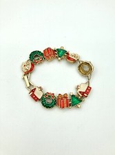 Vintage CHRISTMAS BRACELET Charm Enamel Gold-Tone 8 In Signed Avon Nina Ricci