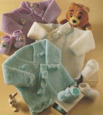 Baby Easy Knit Matinee Coat, Shoes and Headband Knitting Pattern DK 14-20" 1116