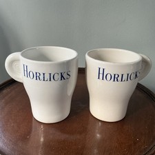 Two Vintage Horlicks Mugs Cups 1930s Blue Logo Ear Handle Arklow Ireland.