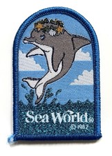 Vintage 1982 SEAWORLD Fabric Woven Sew-on Patch with Dolphin Design. Florida
