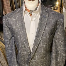Vintage Mens 48s Linen Summer Suit Jacket Blazer Windowpane Check Blue White