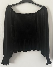 Primark Black Velour Shirred Bodice Off Shoulder Top Size S 10-12