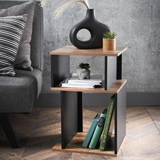 Small Side Table Rustic Oak & Black Wood 3 Tier Storage End Table Coffee Table