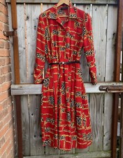Vintage Shubette MIDI Dress 16 Red , Chain link Horse Bit Leopard Print