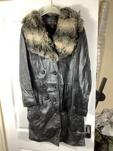 Vintage black leather faux fur - black,