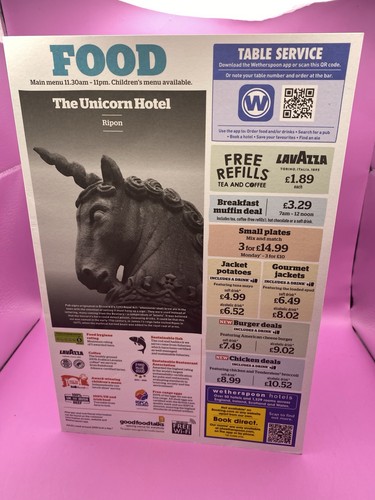 Wetherspoon menu the unicorn - wetherspoon, menu;