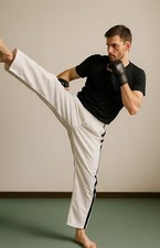 White Polycotton Kickboxing Trousers with Black Satin Stripe – Size 2 or 3