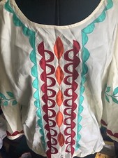 Silk top V and A Frida Kahlo style tunic bright applique Ivory 3/4 sleeve pullov