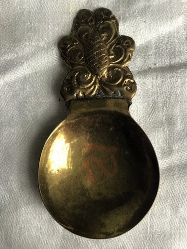 Old brass tea caddy - old, spoon