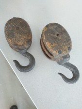 Original Vintage Industrial Metal and Wood Block and Tackle Pulley