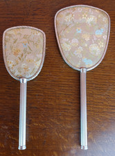 Vintage Hand Mirror & Brush Set – Floral Brocade, Silver Tone Handles