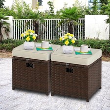 Outdoor Patio Ottoman For Auction Set of 2 Rattan with White Cushion