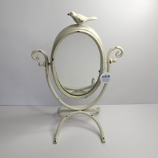 Vintage Metal Vanity Mirror Swivel  Shabby Chic Ivory Cream 18” Bird Ornament