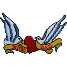 Swallows Mum Dad Iron Sew On Embroidered Patch Birds Red Love Heart Tattoo Badge