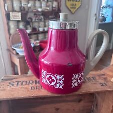Vintage Dark Red Enamel Coffee Pot – White Floral Pattern – Retro!